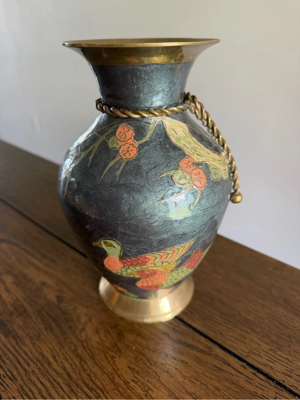 Vintage Brass CLOISONNE VASE Hand Painted 9.5